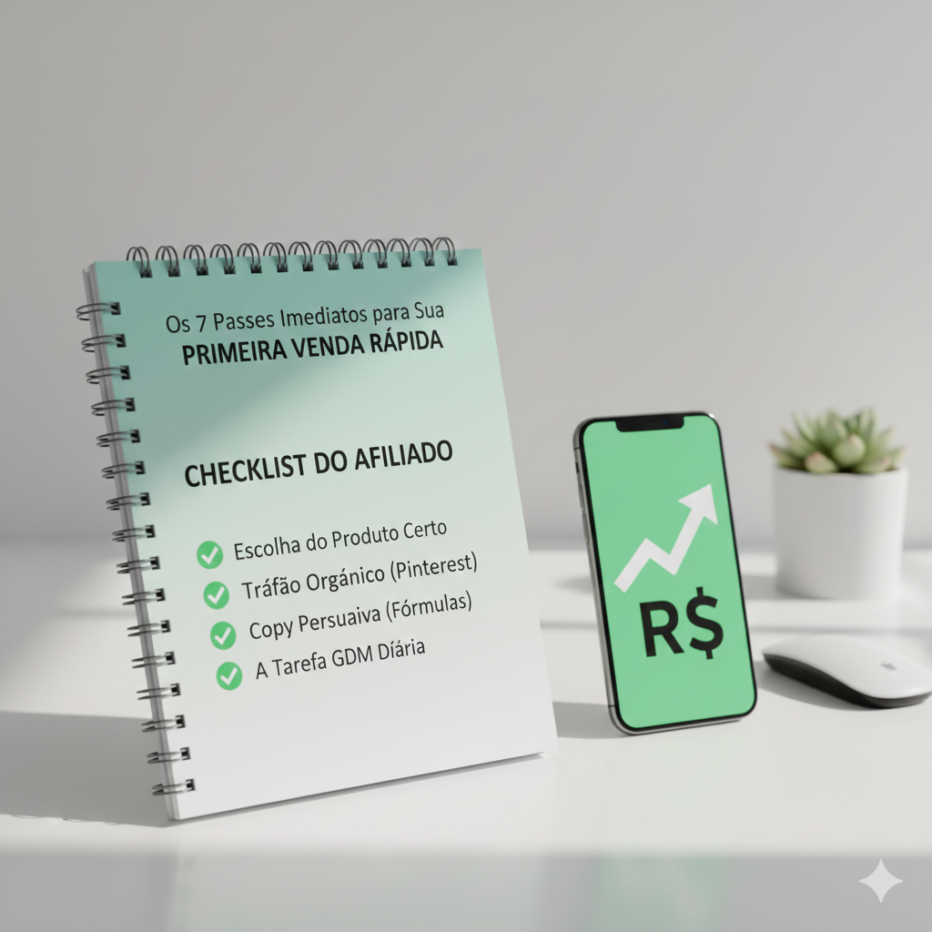 Guia Rápido e Gratuito: Pegue o Checklist do Afiliado e descubra os 7 Passos Imediatos para sua Primeira Venda Rápida (Sem gastar com anúncios).