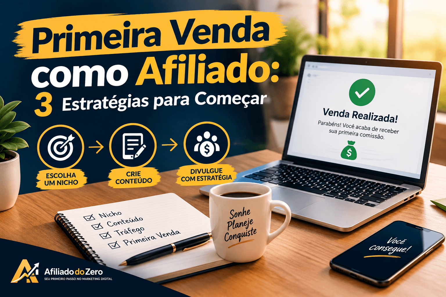 Como vender como afiliado sem aparecer, com notebook, celular e elementos de criação de conteúdo digital.