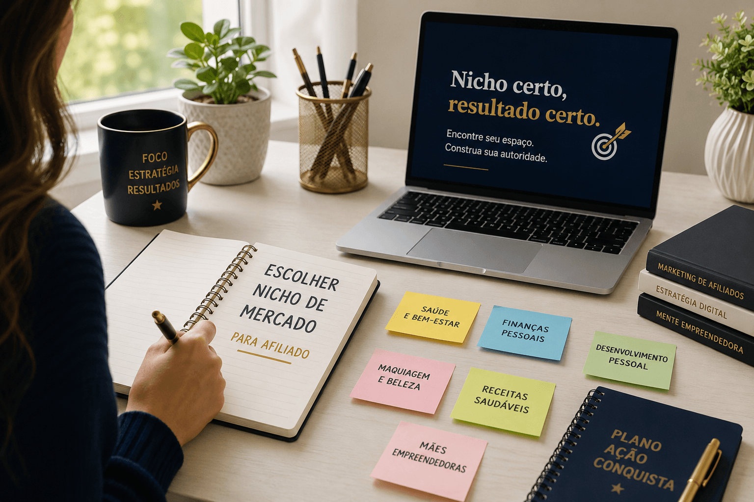 Como escolher nicho de mercado para afiliado: caderno com anotações de pesquisa de nicho