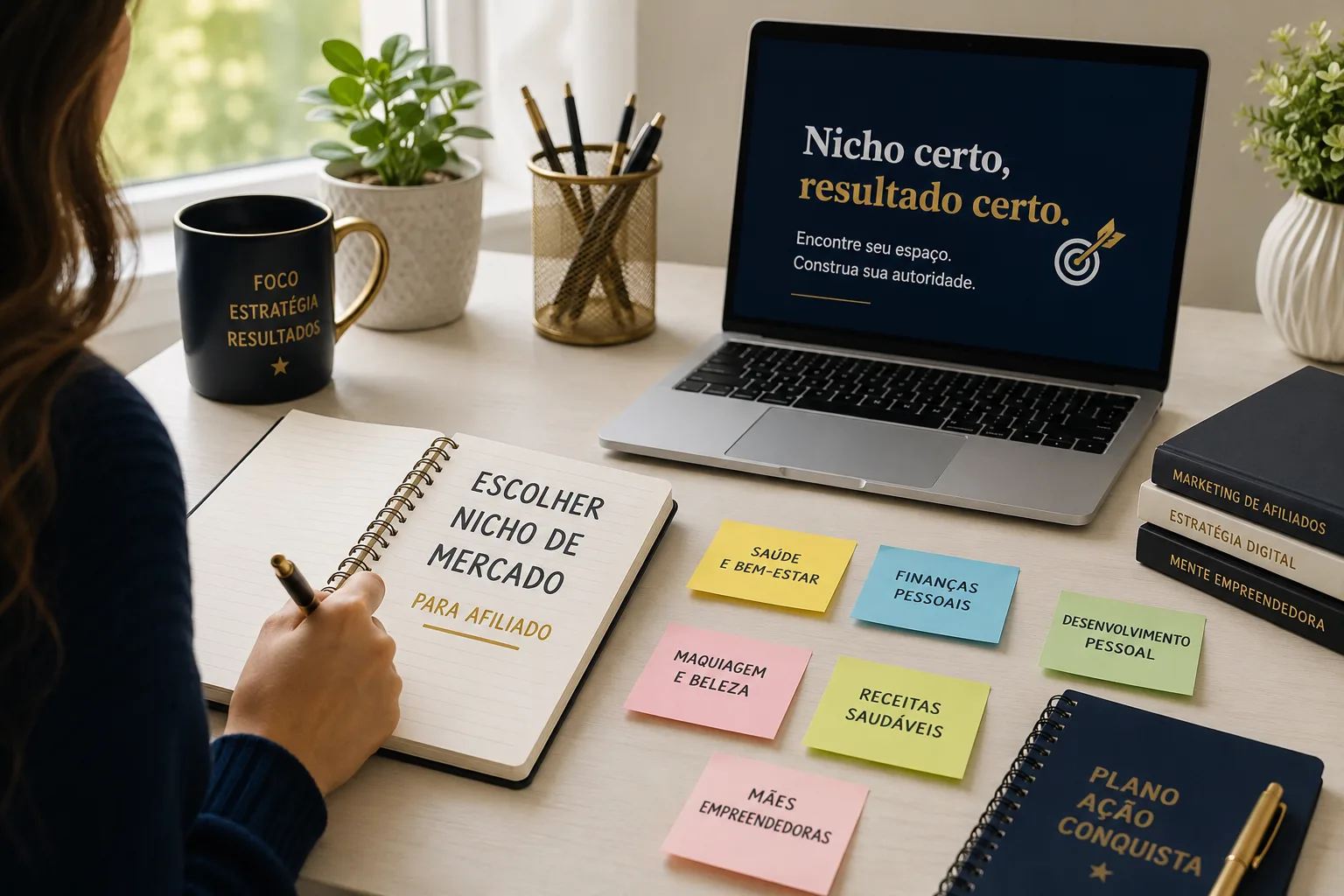 Como escolher nicho de mercado para afiliado: caderno com anotações de pesquisa de nicho