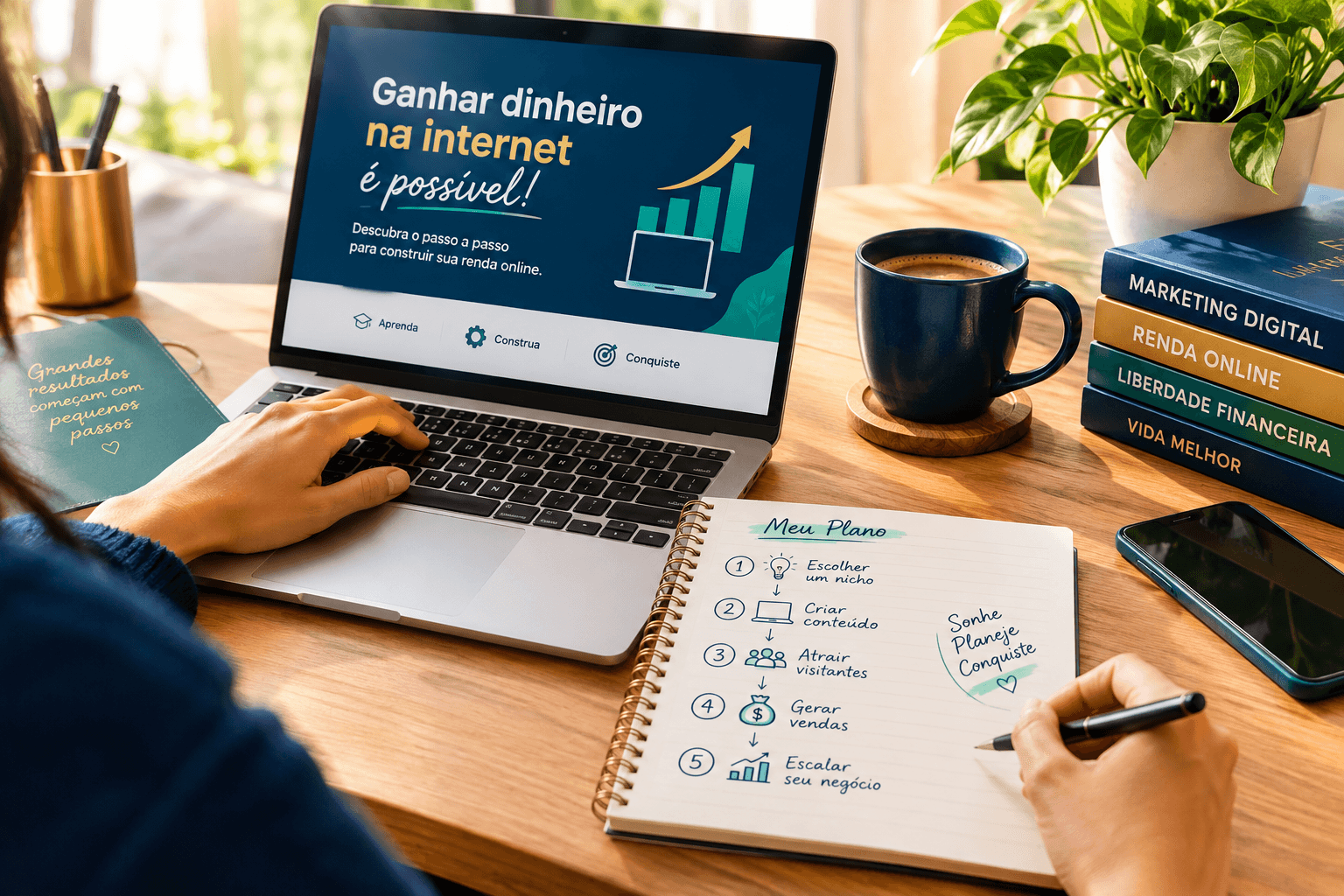 Como ganhar dinheiro na internet para iniciantes: notebook com plano de 7 passos