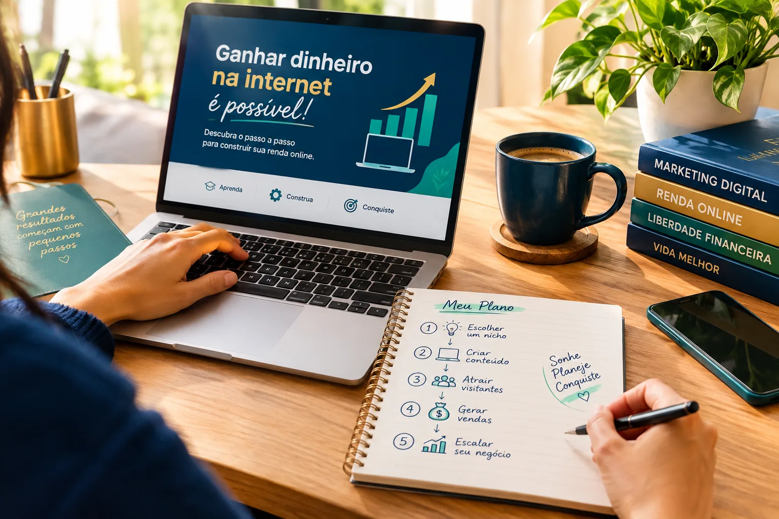 Como ganhar dinheiro na internet para iniciantes: notebook com plano de 7 passos