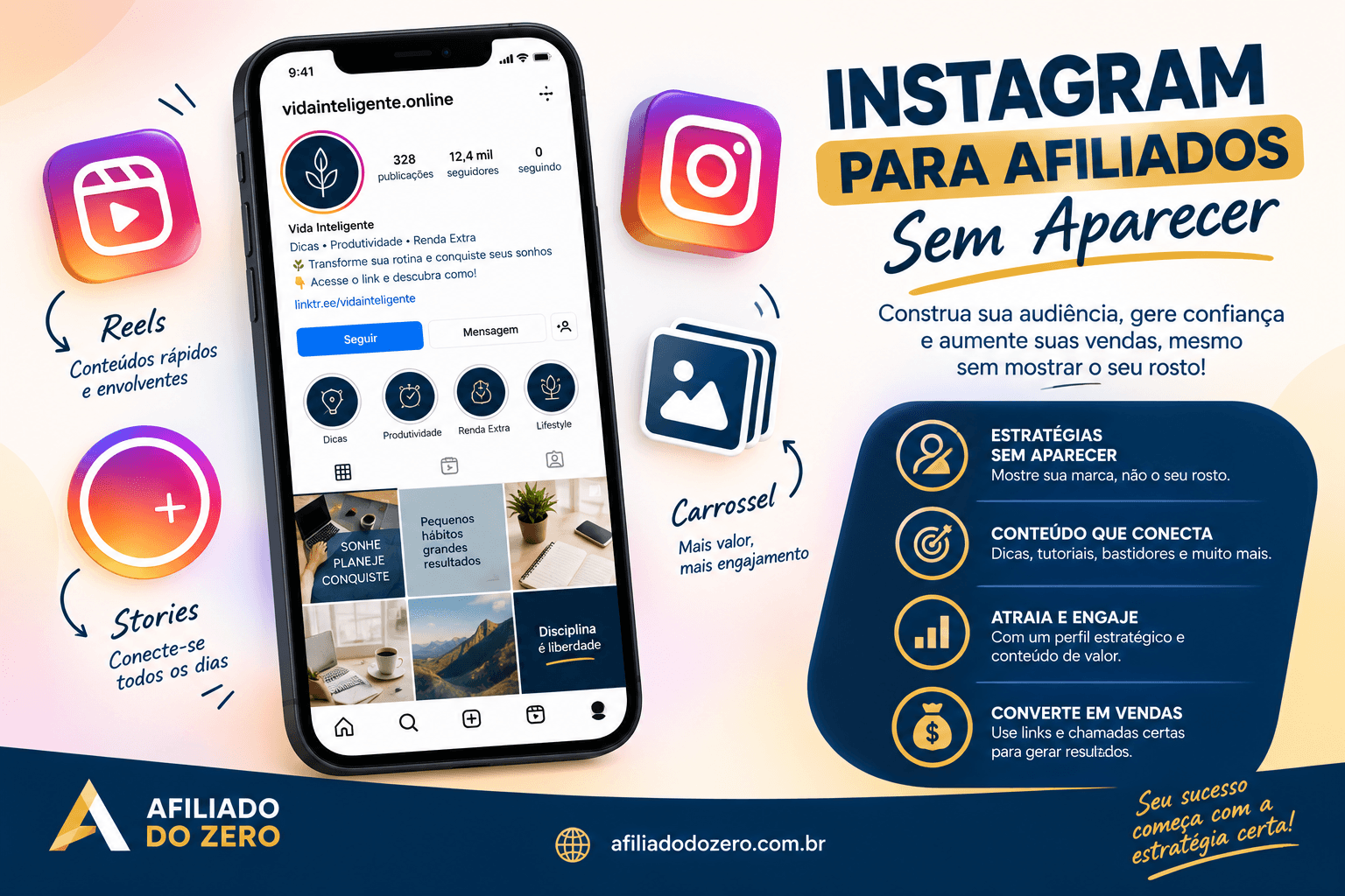 Instagram para afiliados sem aparecer: perfil de nicho com carrossel e Reels