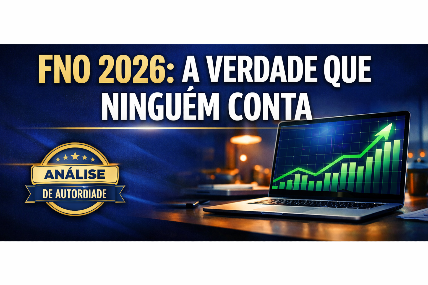 Imagem vertical em tons de azul e dourado. Mostra um laptop em uma mesa de escritório sofisticada com um gráfico de crescimento verde na tela. Texto grande no topo diz: "FNO 2026: A VERDADE QUE NINGUÉM CONTA". Abaixo, um selo escrito "ANÁLISE DE AUTORIDADE".