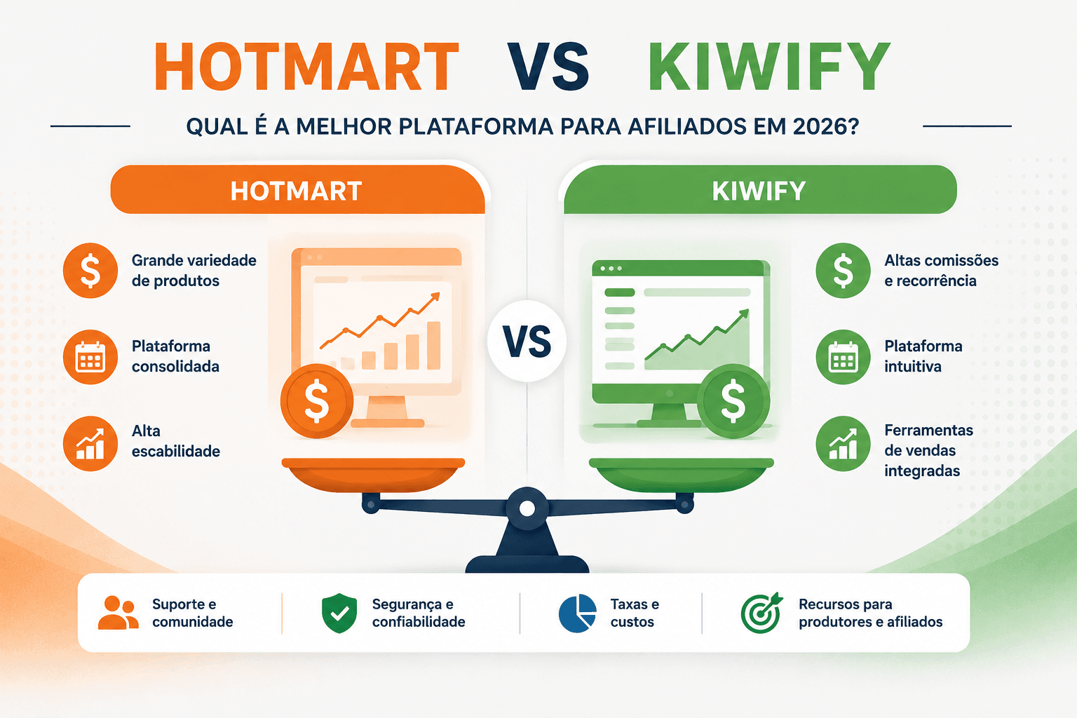 Comparativo Hotmart vs Kiwify 2026: taxas, prazos e comissões para afiliados