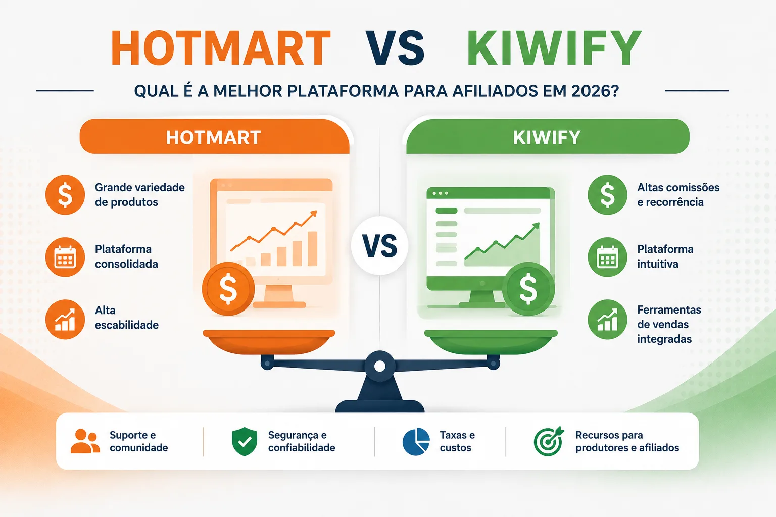 Comparativo Hotmart vs Kiwify 2026: taxas, prazos e comissões para afiliados