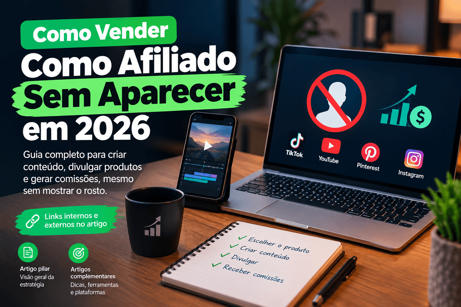 Como vender como afiliado sem aparecer, com notebook, celular e elementos de criação de conteúdo digital.