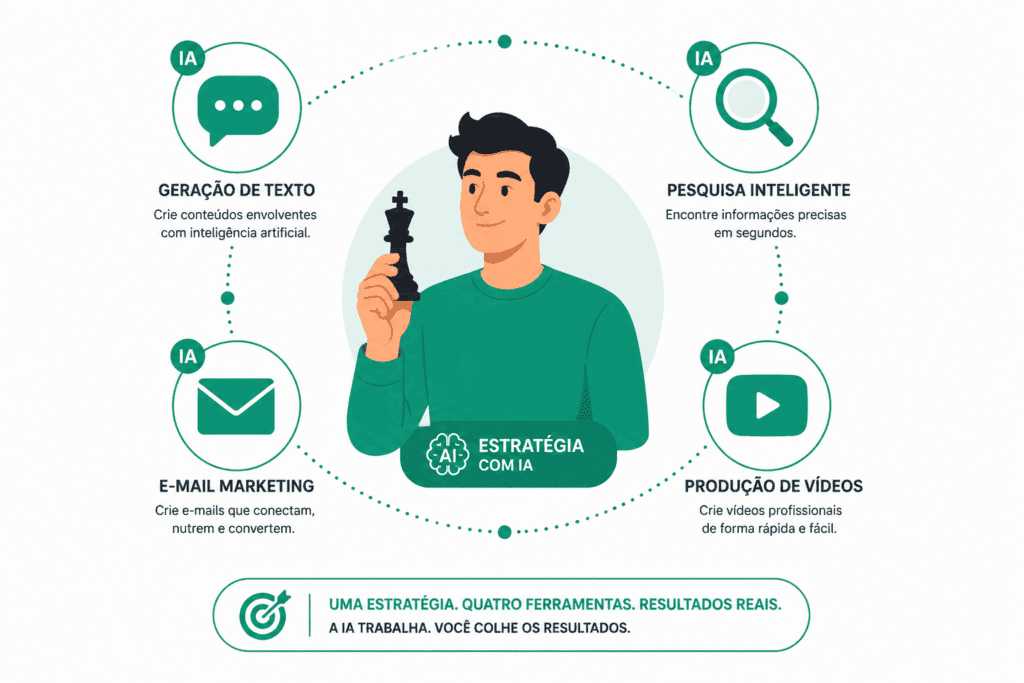 Afiliado usando inteligência artificial para pesquisa,
criação de conteúdo, email marketing e produção de vídeo