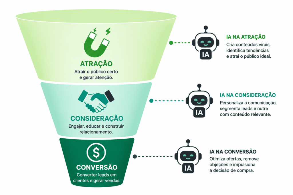 Funil de marketing de afiliados com IA em cada etapa —
atração, consideração e conversão