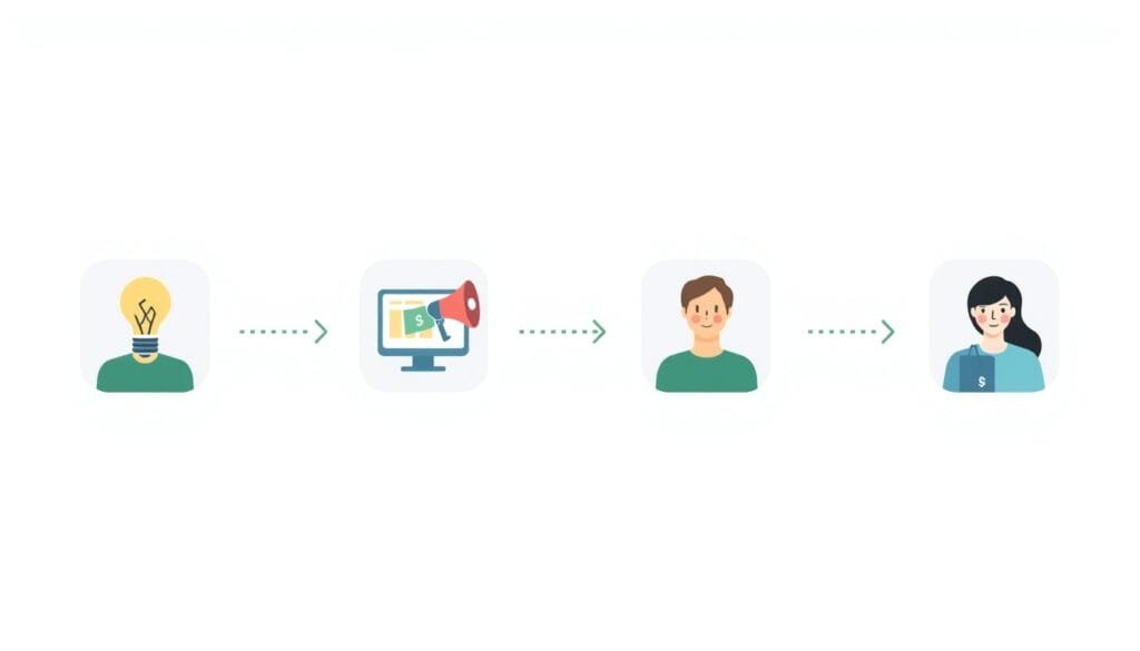 O que é marketing de afiliados
diagrama visual do fluxo produtor → plataforma → afiliado → consumidor