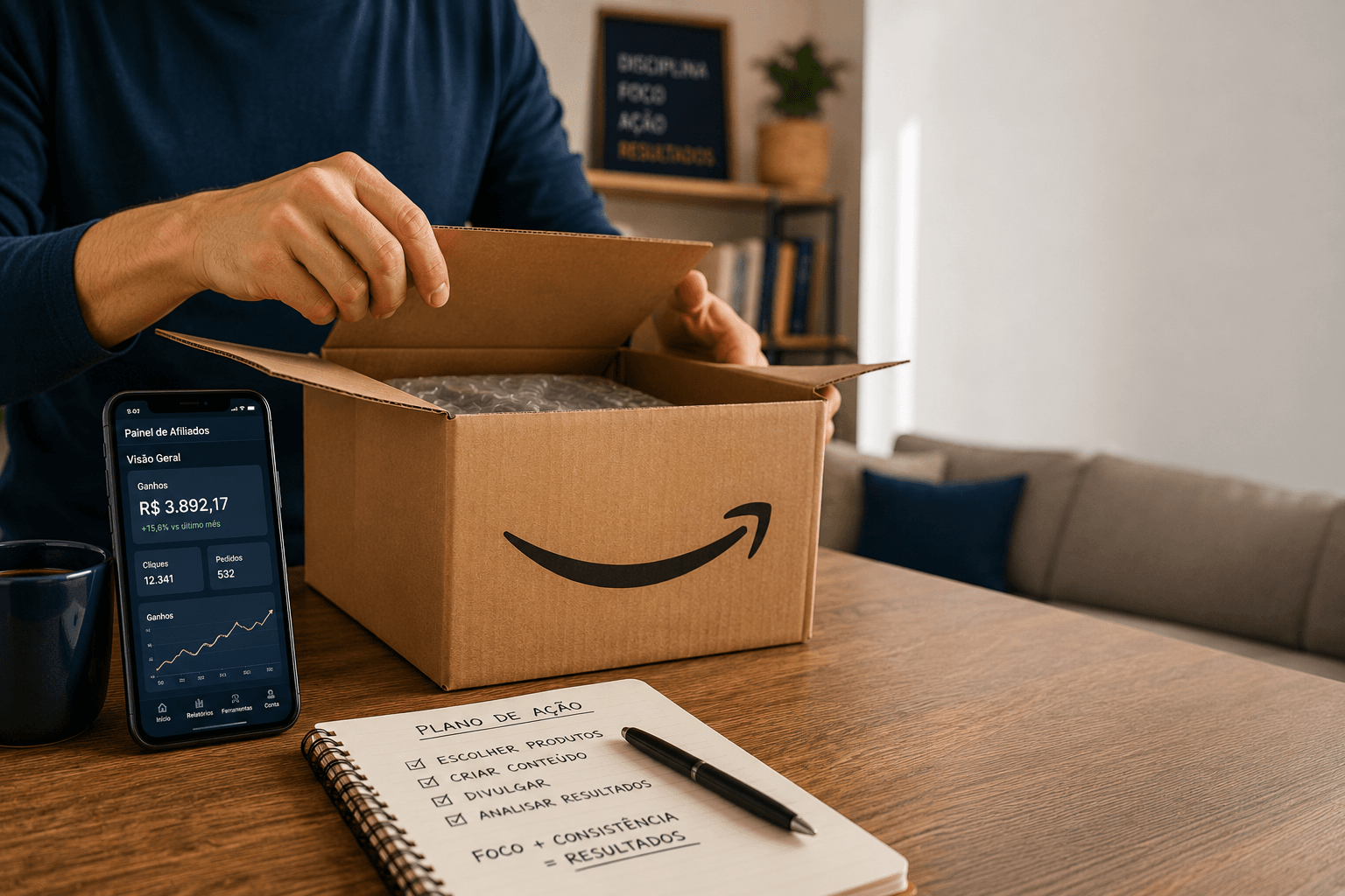 Como ser afiliado da Amazon: pessoa abrindo produto comprado através de link de afiliado