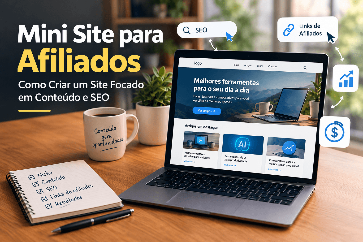Mini site para afiliados com conteúdo, SEO e links de afiliados